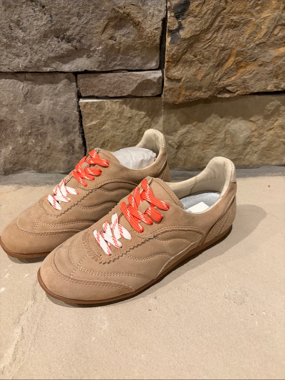 Dolce Vita Tan Suede Sneakers with Orange and White Laces